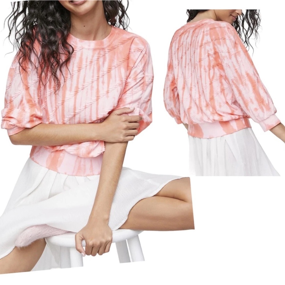 Saturday Sunday by Anthropologie Tie Dye Textured Top 3/4 Sleeve Pink Coral XS